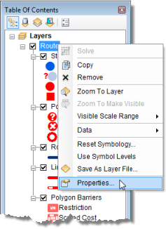 Opening the network analysis Layer Properties dialog box from the Table Of Contents