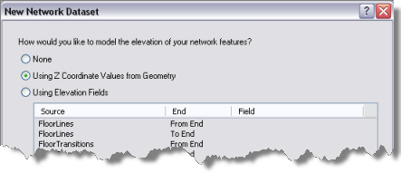 The New Network Dataset wizard page dedicated to modeling elevation