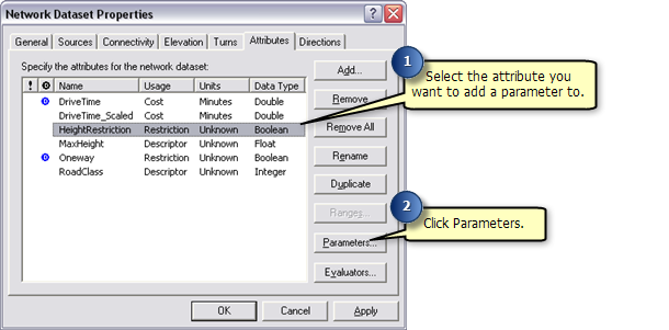 Selecting a network attribute to add a parameter to