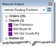 Three depots in the Network Analyst window