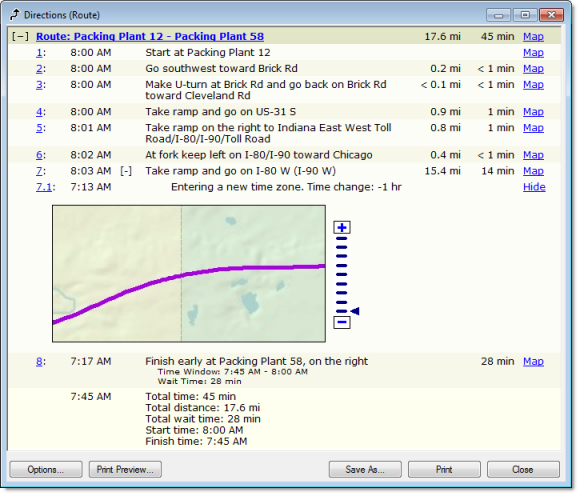 Directions window with change in time zone