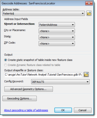 The completed Geocode Addresses: SanFranciscoLocator dialog box