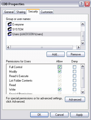 Example of a directory with Full Control permissions, as set on the Security tab