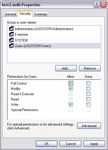 Example of Full Control permissions on a database, as set on the Security tab