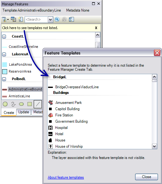 Message for missing templates and the Feature Templates dialog box