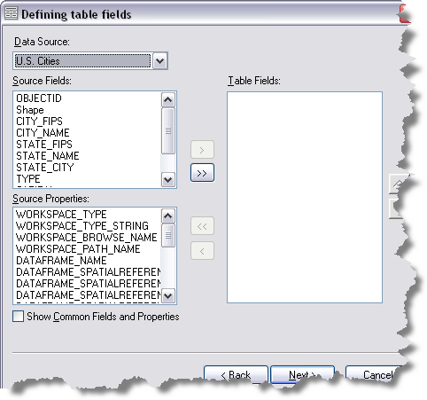 Defining table fields dialog box
