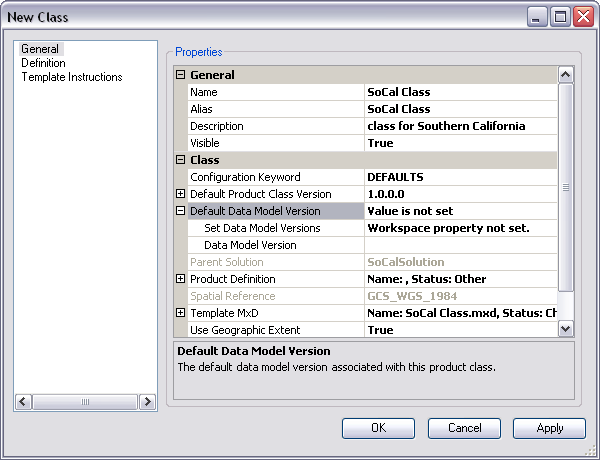 Default Data Model Version properties on the General pane on the New Class dialog box