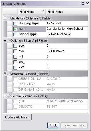 School name corrected in the Update Attributes window