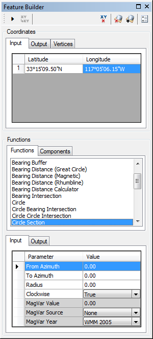 Feature Builder window with the Circle Section function selected