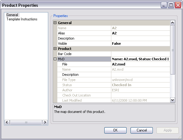 MxD properties on the Product Properties dialog box