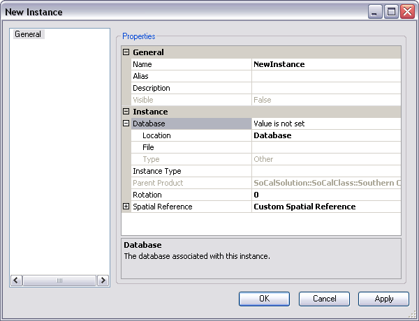 General pane on the New Instance dialog box