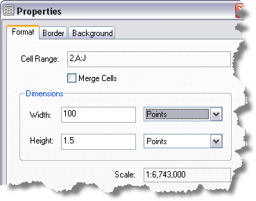 The Properties dialog box with 100 by 1.5 points dimensions