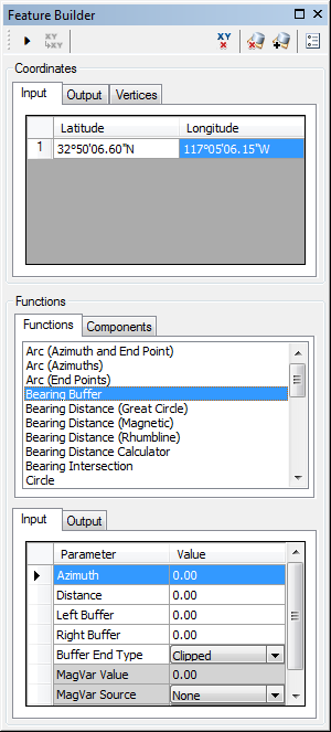 Feature Builder window when the Bearing Buffer function is selected