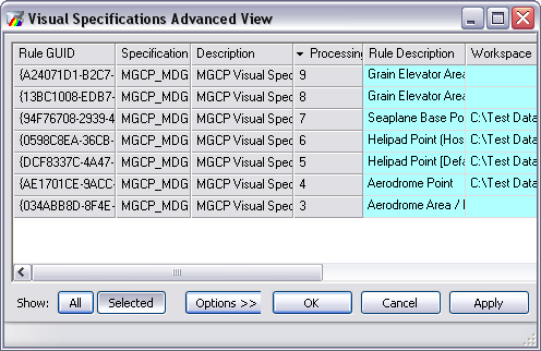 Example of a selection set in the Visual Specifications dialog box