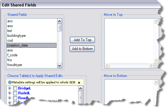 Edit Shared Fields dialog box with the metadata settings message