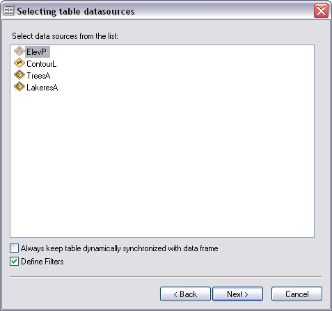 Selecting table datasources dialog box
