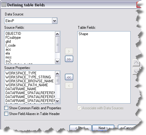 Defining table fields dialog box with check boxes