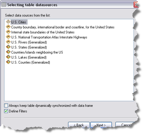 Choosing table datasources dialog box