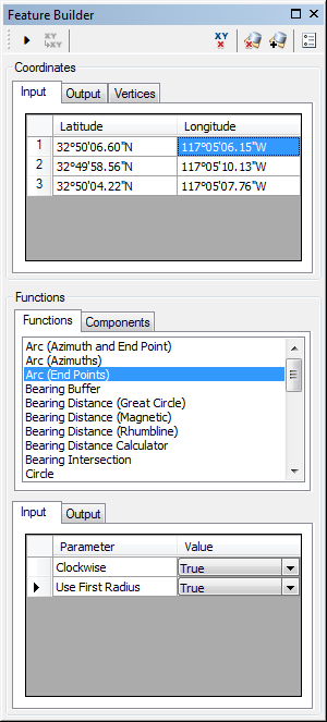 Feature Builder window with the Arc (End Points) function selected