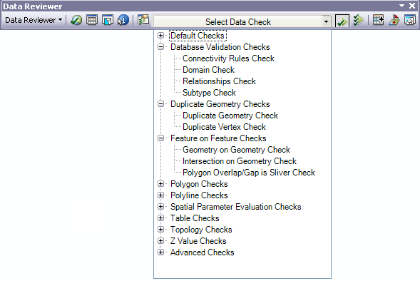 The categories of checks available from the Select Data Check drop-down list on the Data Reviewer toolbar