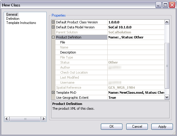 Product Definition properties on the General pane on the New Class dialog box