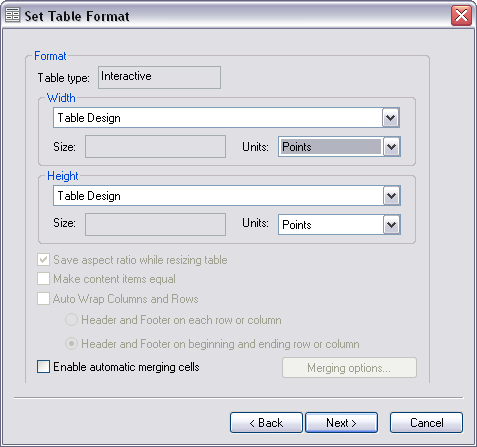 Set Table Format dialog box with Next button