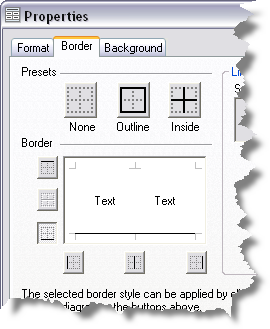The Properties dialog box displaying the border tab. Vertical and top horizontal lines are deselected.
