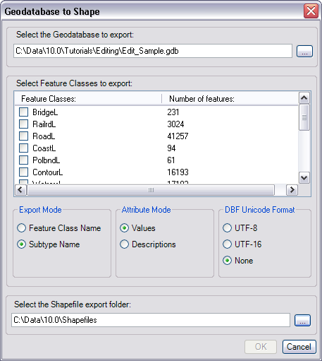Geodatabase to Shape dialog box
