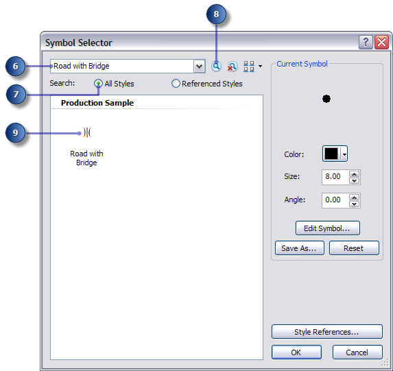 Symbol Selector dialog box with the Road with Bridge symbol