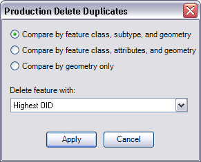 Production Delete Duplicates dialog box