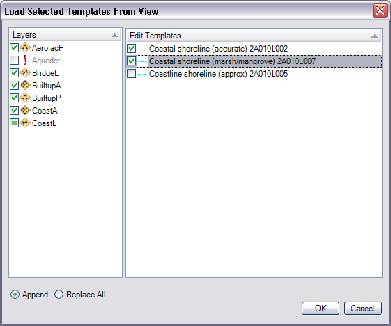 Load Selected Templates From View dialog box with subtypes selected and a broken layer