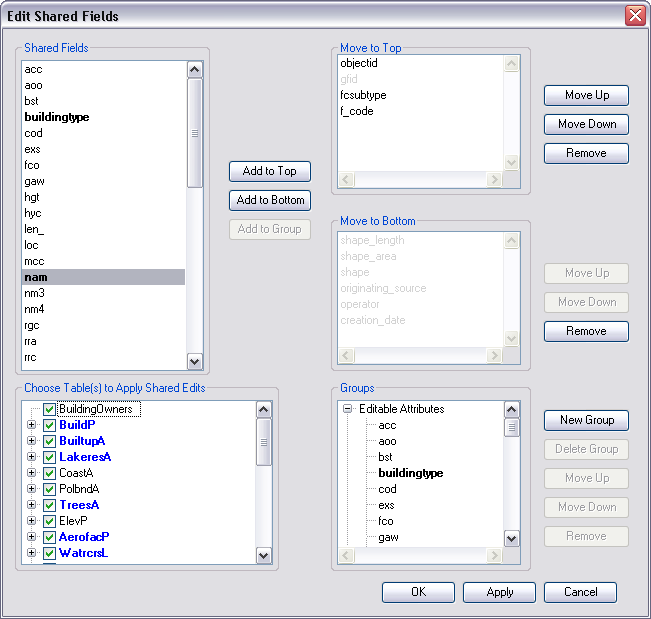 Edit Shared Fields dialog box completed