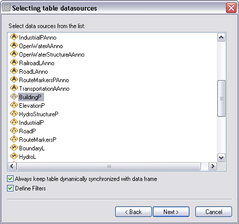 Selecting table datasources dialog box