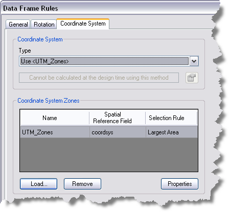 The Data Frame Rules dialog box with a coordinate system zone feature class defined