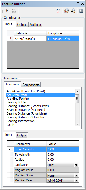 Feature Builder window with the Arc (Azimuths) function selected