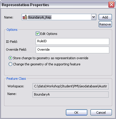 Representation properties dialog box