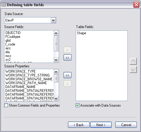 Defining table fields dialog box with Associate with Data Sources check box