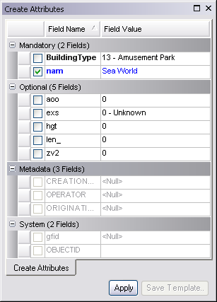 Create Attributes window with the nam attribute populated