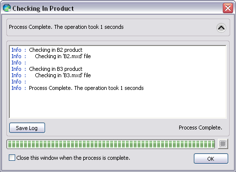 Checking In Product dialog box with progress information