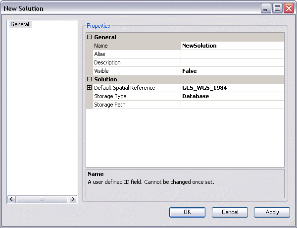 Default Spatial Reference properties on the New Solution dialog box