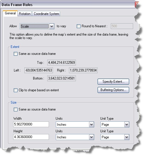 The General tab with Allow Scale to vary selected on the Data Frame Rules dialog box.