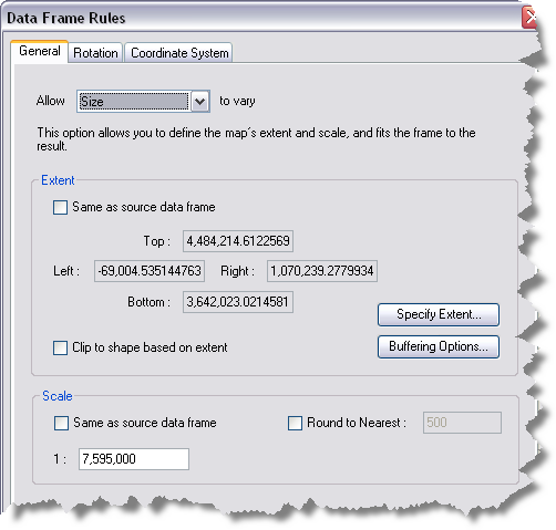 The General tab with Allow Size to vary selected on the Data Frame Rules dialog box.