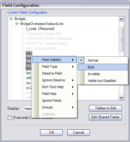 Field Configuration dialog box with multiple fields selected and set to Bold