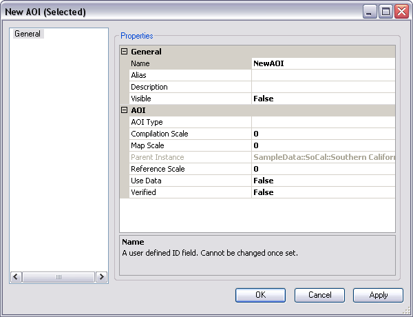 General pane on the New AOI (Selected) dialog box