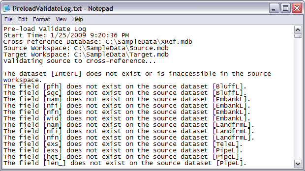 Example of a log file generated by the Preload Validate tool