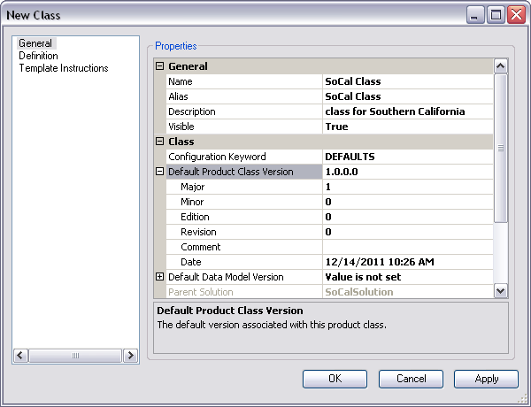 Default Product Class properties on the General pane on the New Class dialog box
