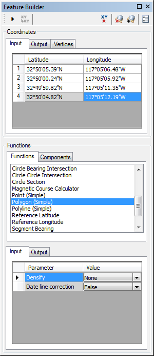 Feature Builder window with the Polygon (Simple) function selected