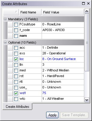 Attribute values updated on the Create Attributes window