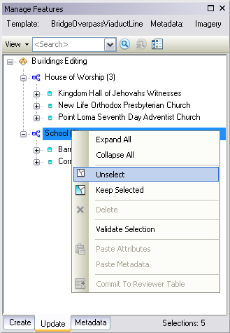 The Update tab with the context menu, with the Unselect command selected