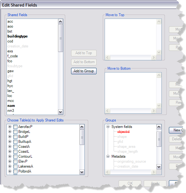 Edit Shared Fields dialog box with groups